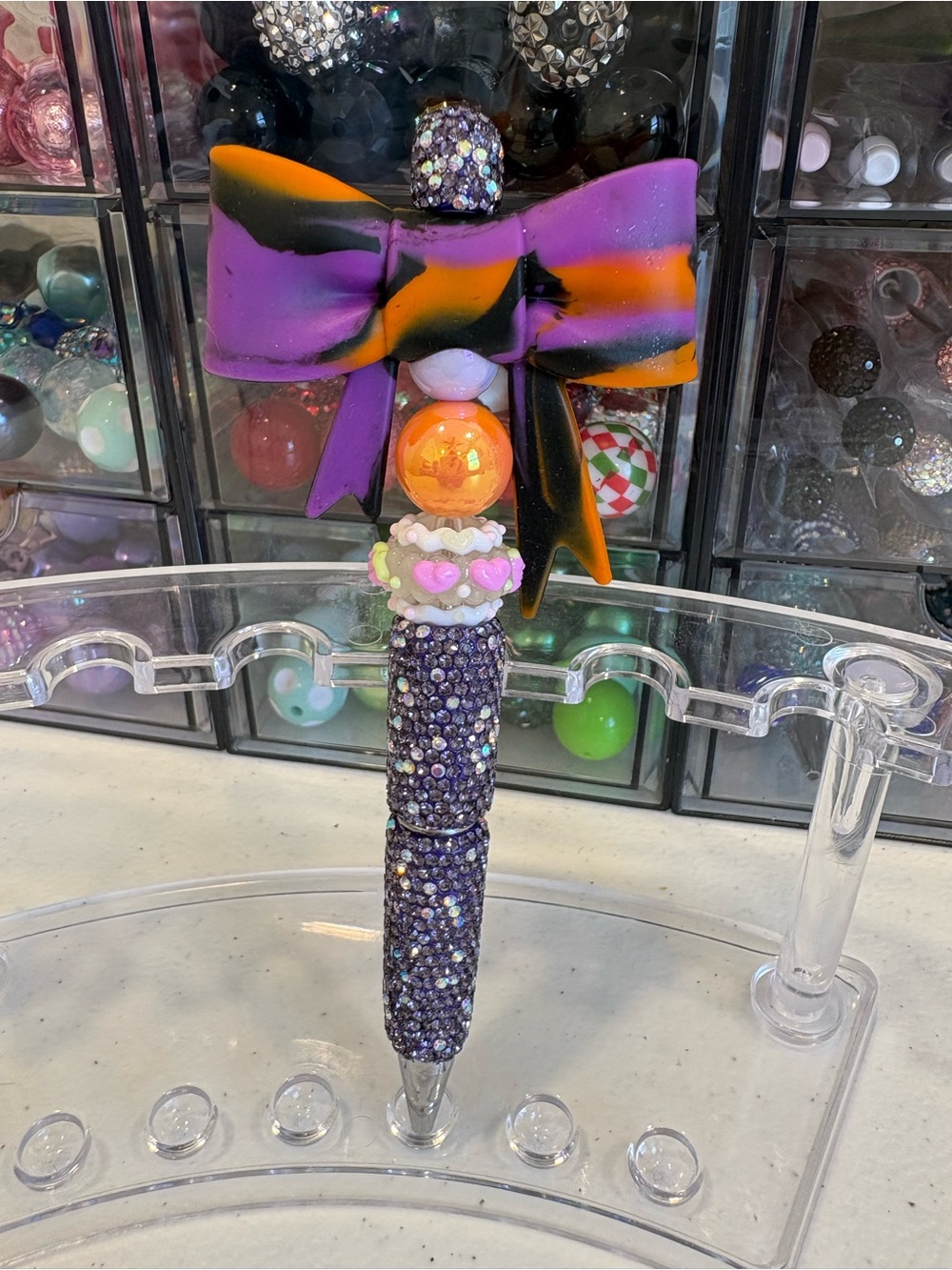 Handcrafted Purple & Orange Big Bow Rhinestone Pen Halloween